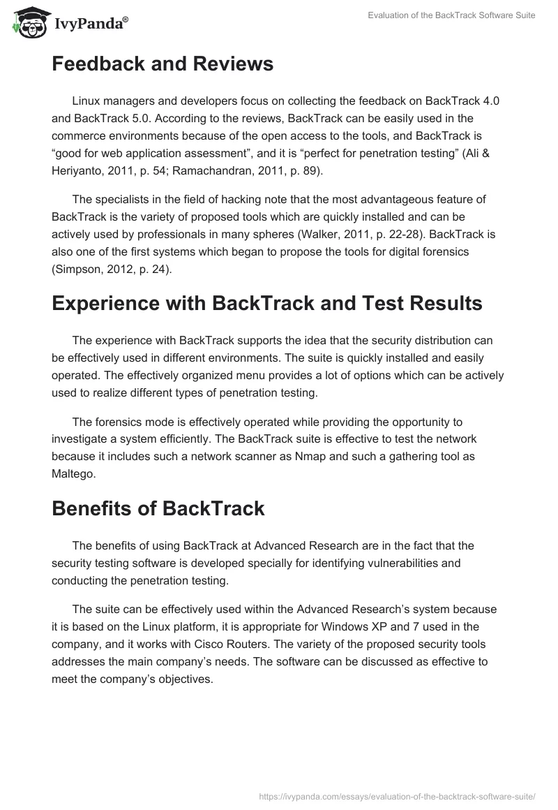 Evaluation of the BackTrack Software Suite. Page 2