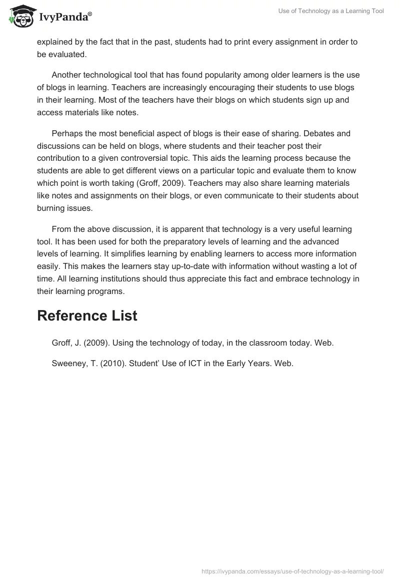 Use of Technology as a Learning Tool. Page 2
