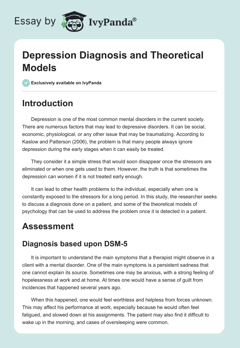 Depression Diagnosis and Theoretical Models. Page 1