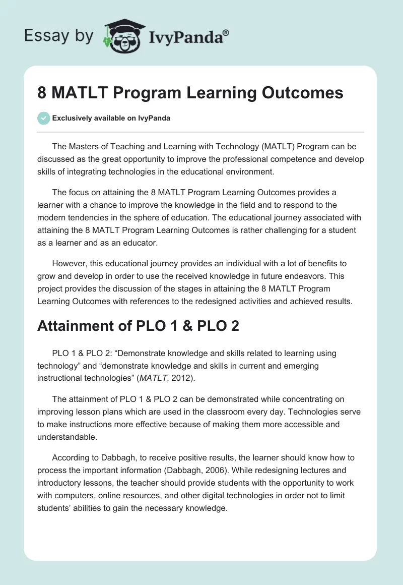 8 MATLT Program Learning Outcomes. Page 1