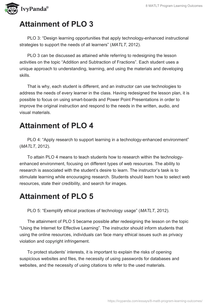 8 MATLT Program Learning Outcomes. Page 2