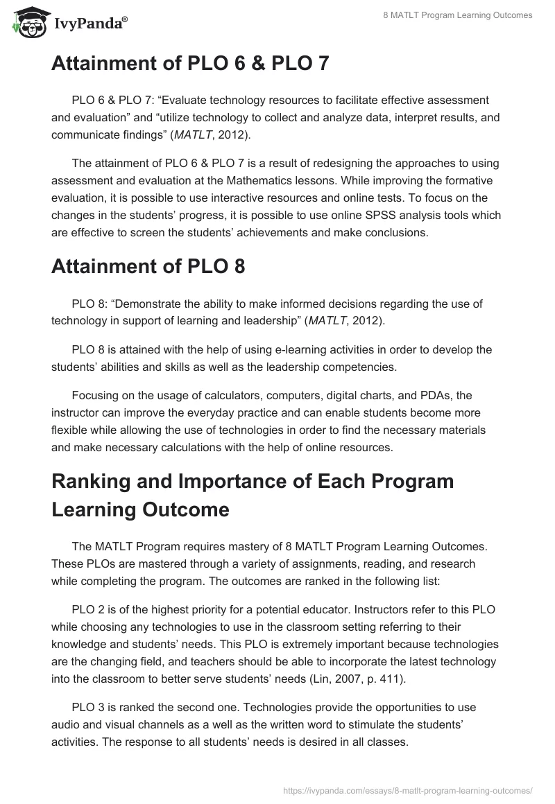 8 MATLT Program Learning Outcomes. Page 3