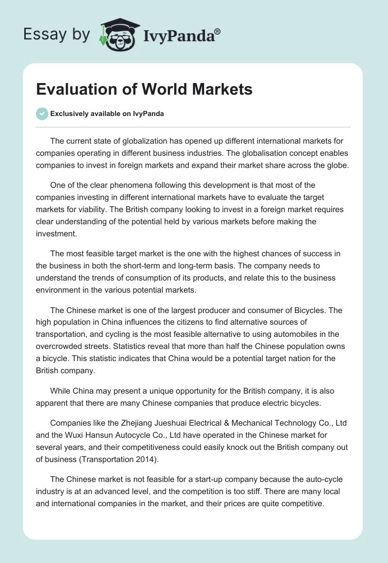 Evaluation of World Markets. Page 1
