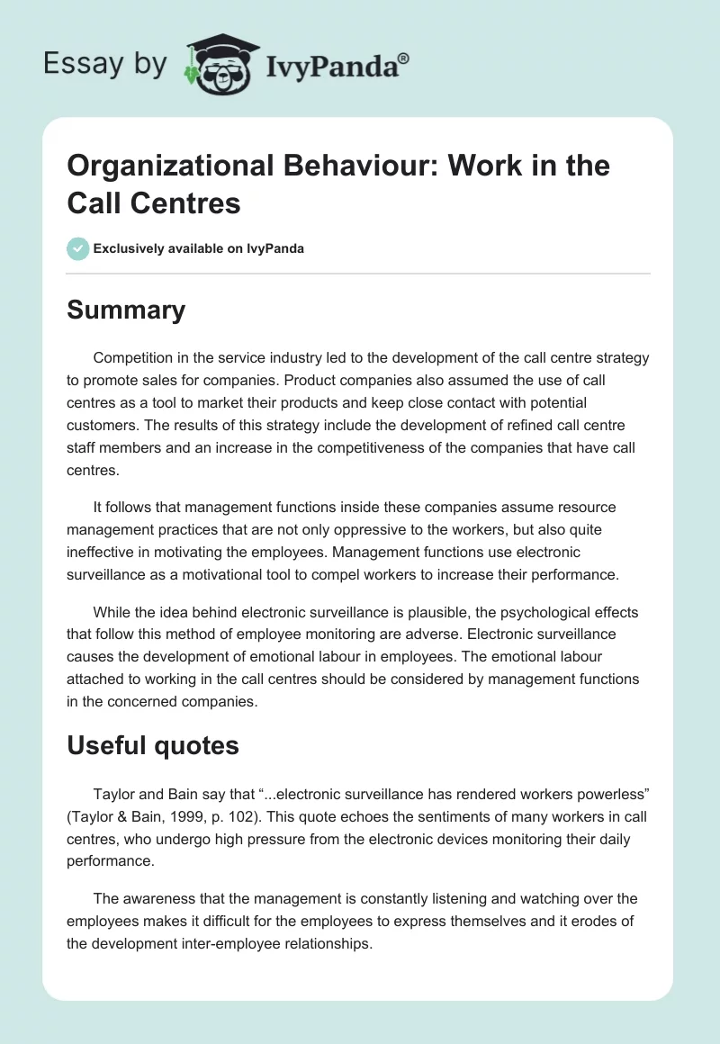Organizational Behaviour: Work in the Call Centres. Page 1