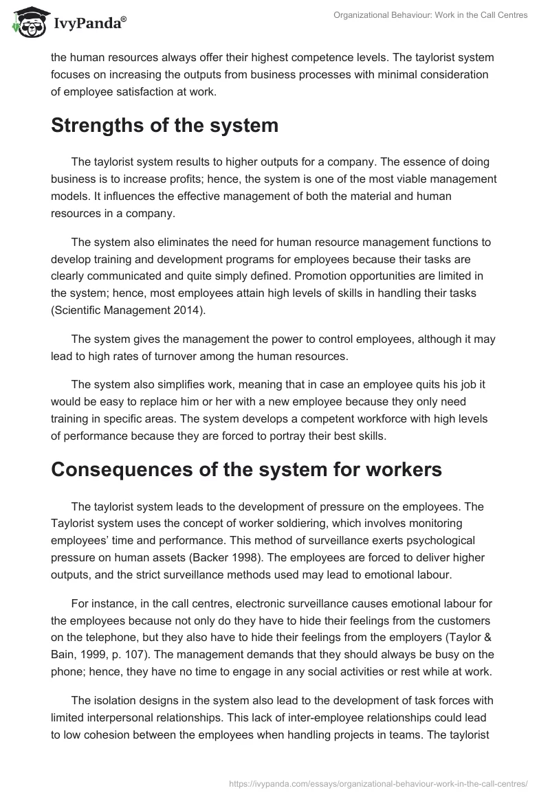 Organizational Behaviour: Work in the Call Centres. Page 3