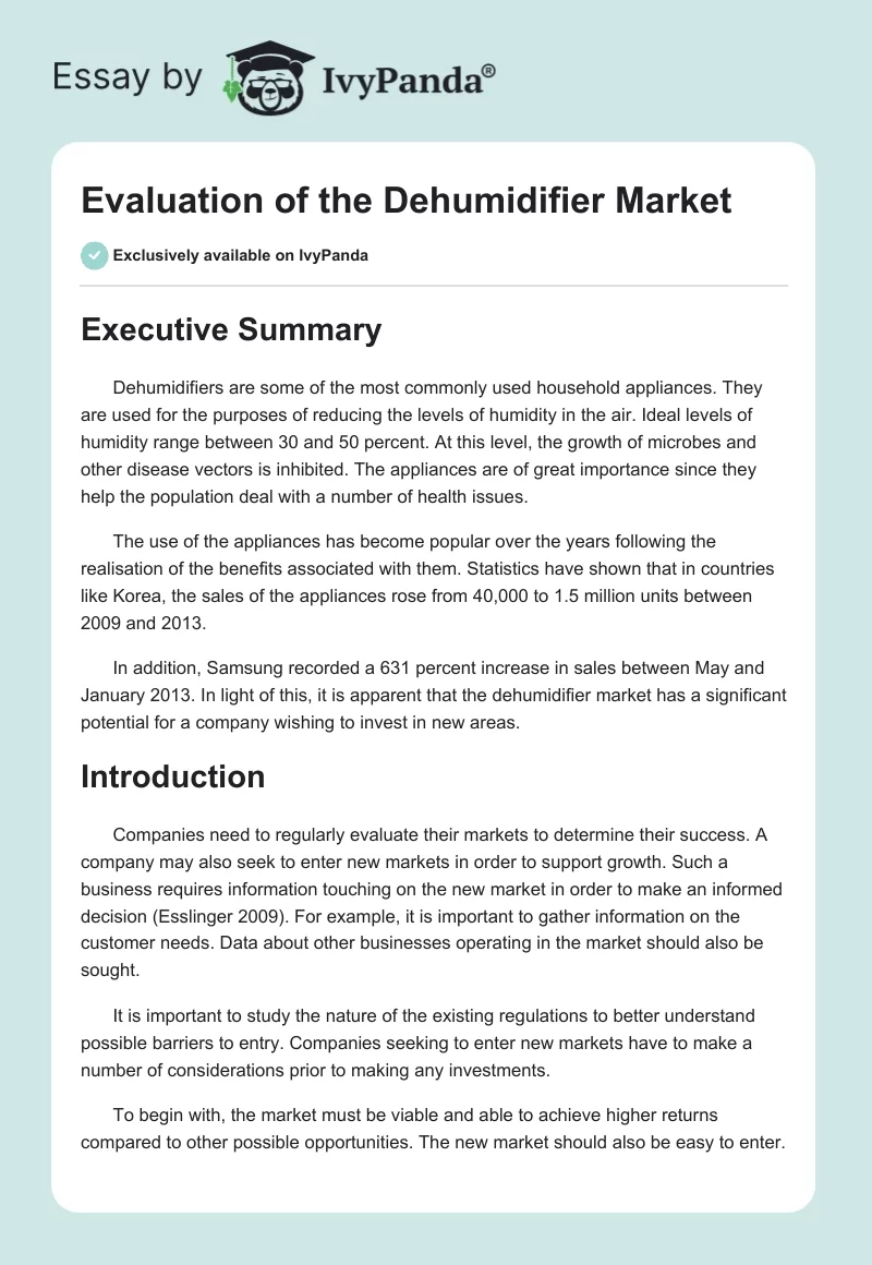 Evaluation of the Dehumidifier Market. Page 1