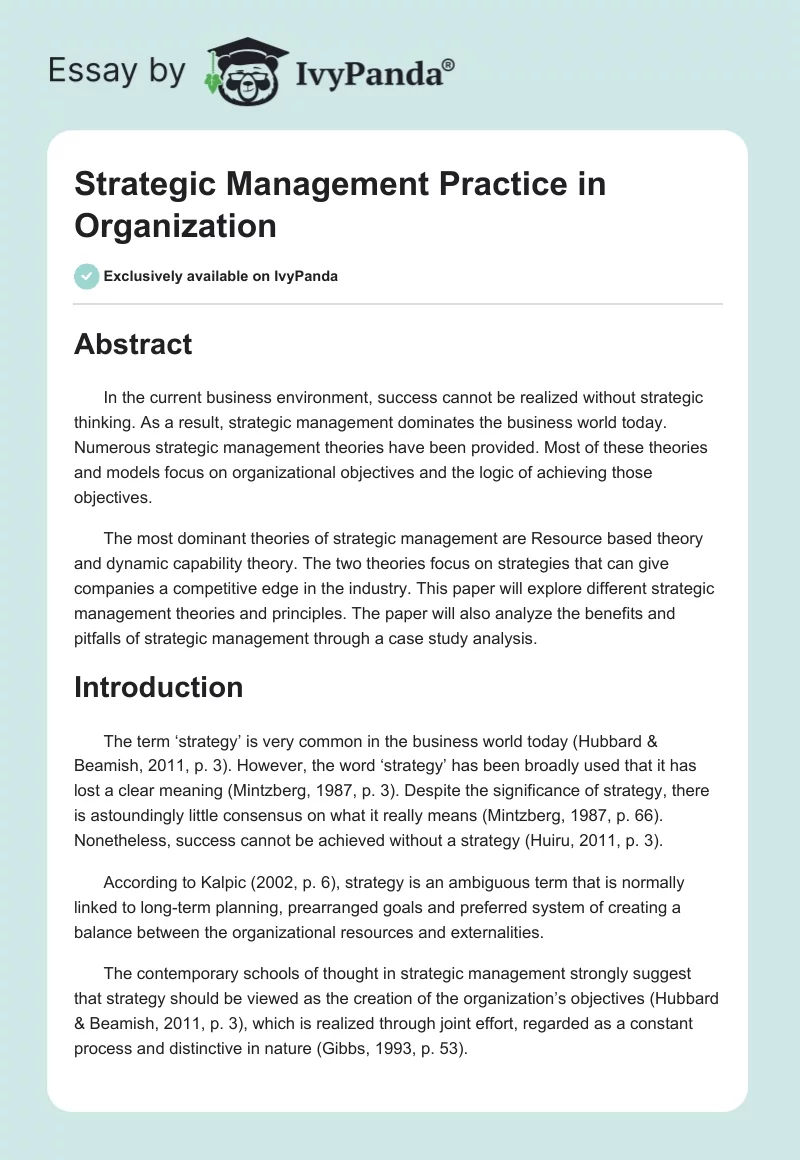 Strategic Management Practice in Organization. Page 1