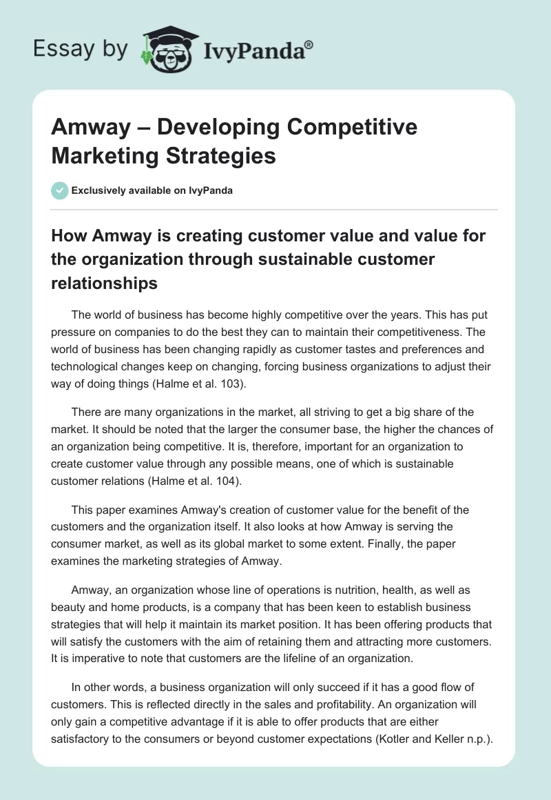 Amway – Developing Competitive Marketing Strategies. Page 1