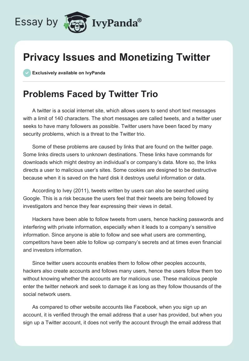 Privacy Issues and Monetizing Twitter. Page 1