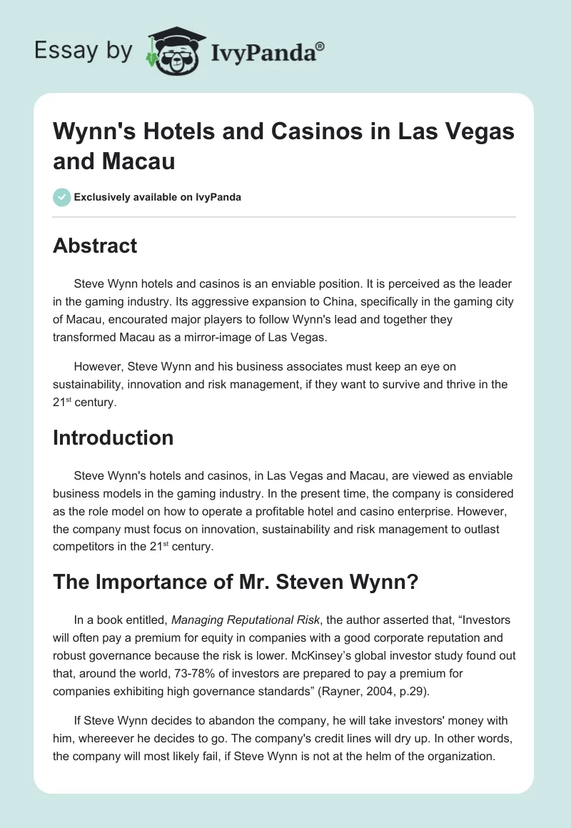Wynn's Hotels and Casinos in Las Vegas and Macau. Page 1