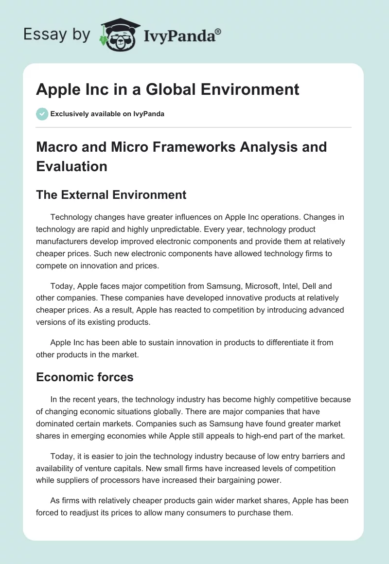 Apple Inc in a Global Environment - 3008 Words | Assessment Example