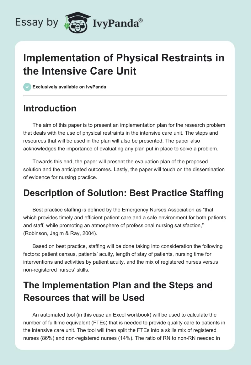 Implementation of Physical Restraints in the Intensive Care Unit. Page 1