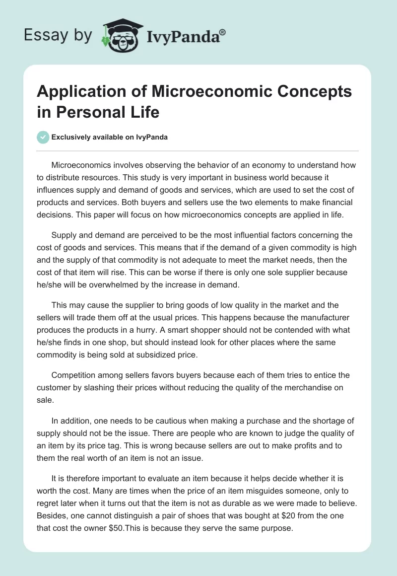 Application of Microeconomic Concepts in Personal Life. Page 1