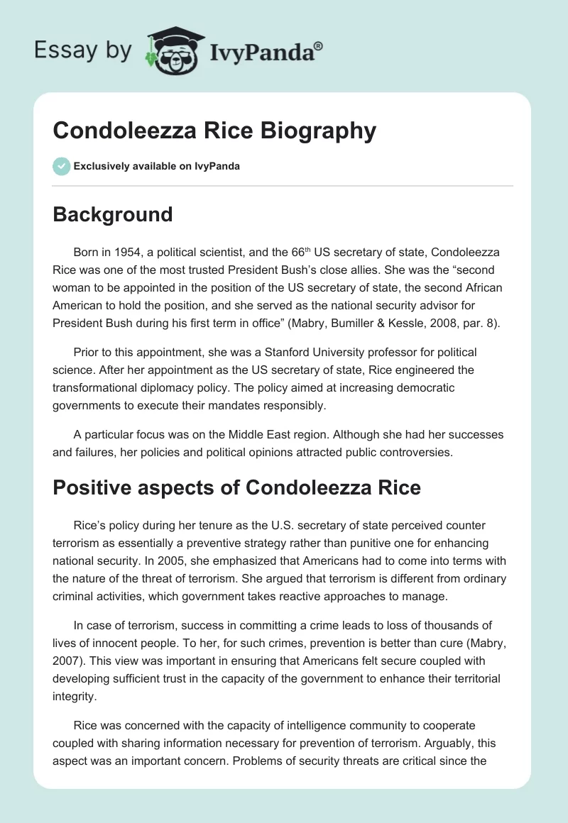 Condoleezza Rice Biography. Page 1