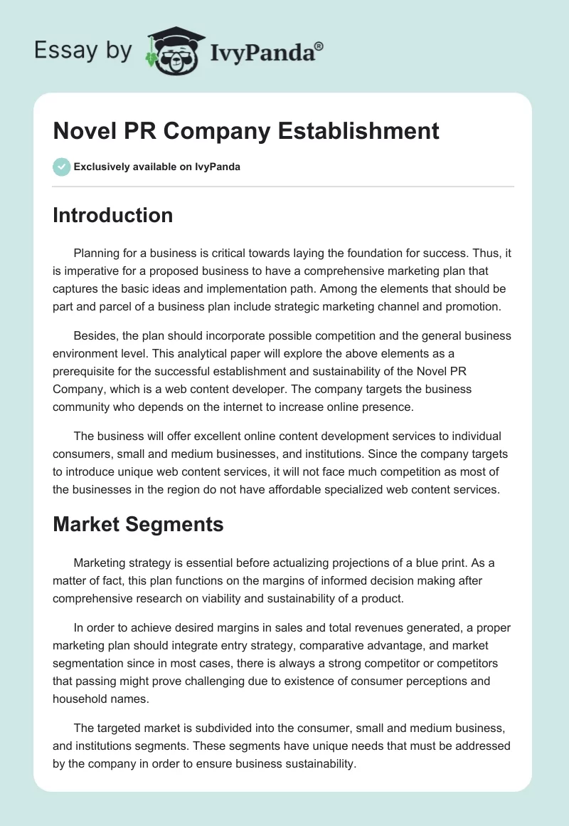 Novel PR Company Establishment. Page 1