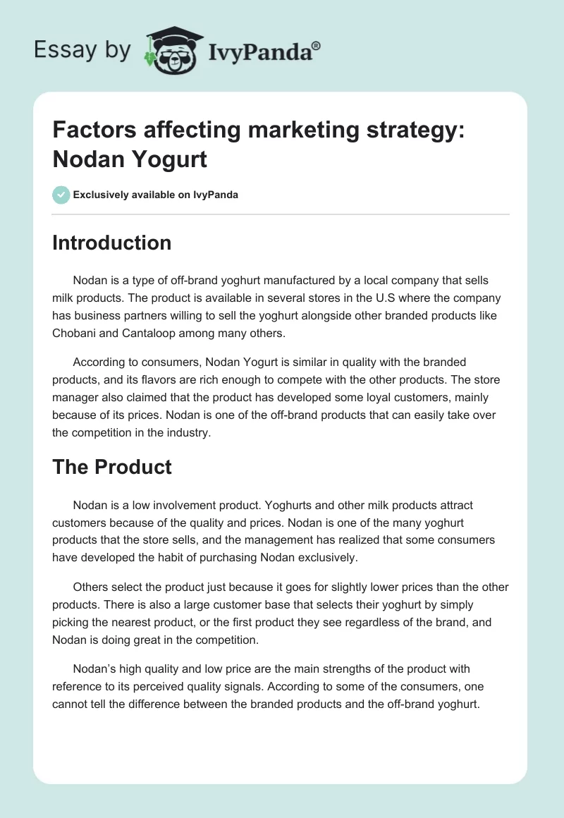 Factors affecting marketing strategy: Nodan Yogurt. Page 1