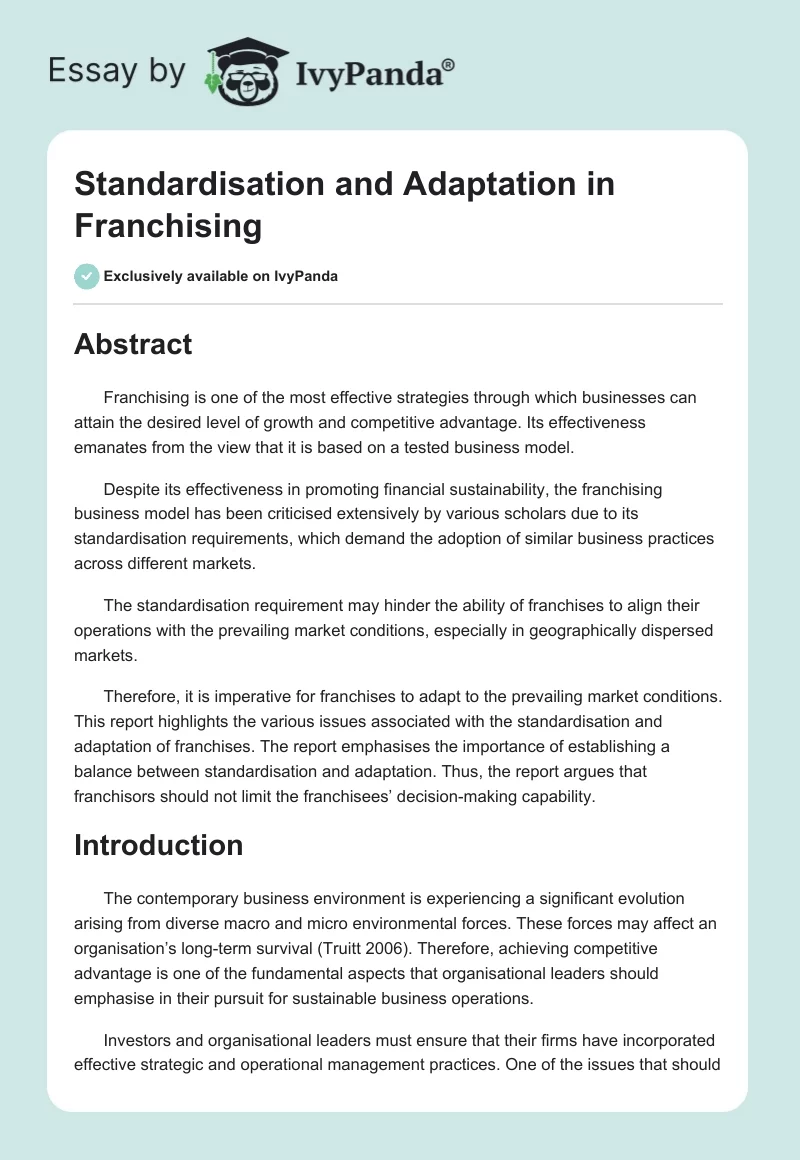 Standardisation and Adaptation in Franchising. Page 1