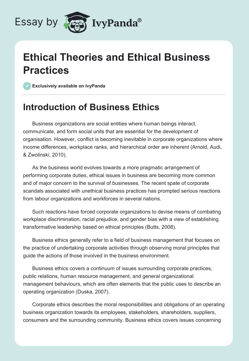 Ethical Theories and Ethical Business Practices. Page 1