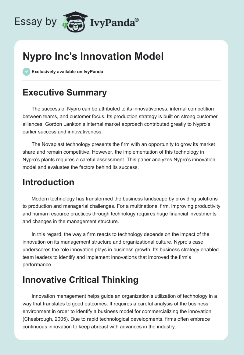 Nypro Inc's Innovation Model. Page 1
