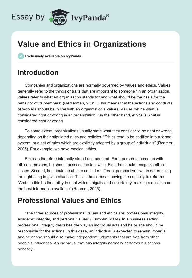 Value and Ethics in Organizations. Page 1