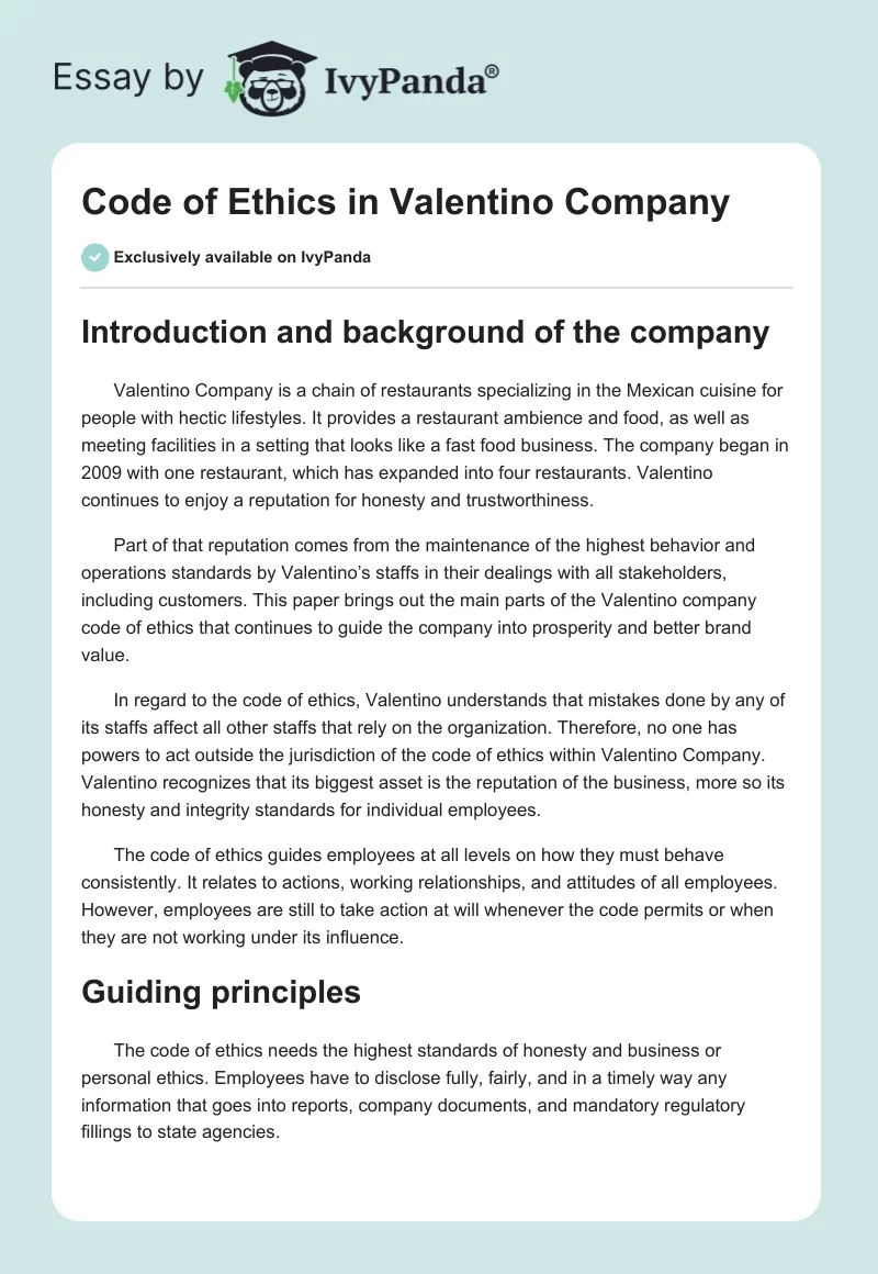Code of Ethics in Valentino Company. Page 1
