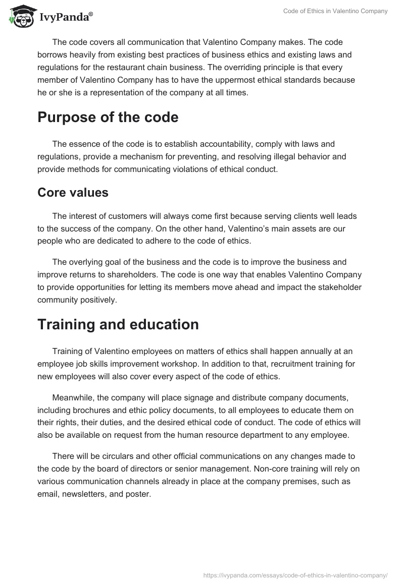 Code of Ethics in Valentino Company. Page 2