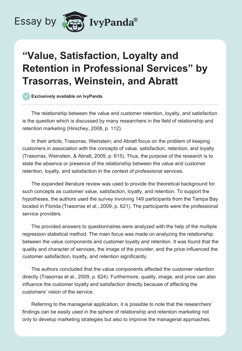 “Value, Satisfaction, Loyalty and Retention in Professional Services” by Trasorras, Weinstein, and Abratt. Page 1