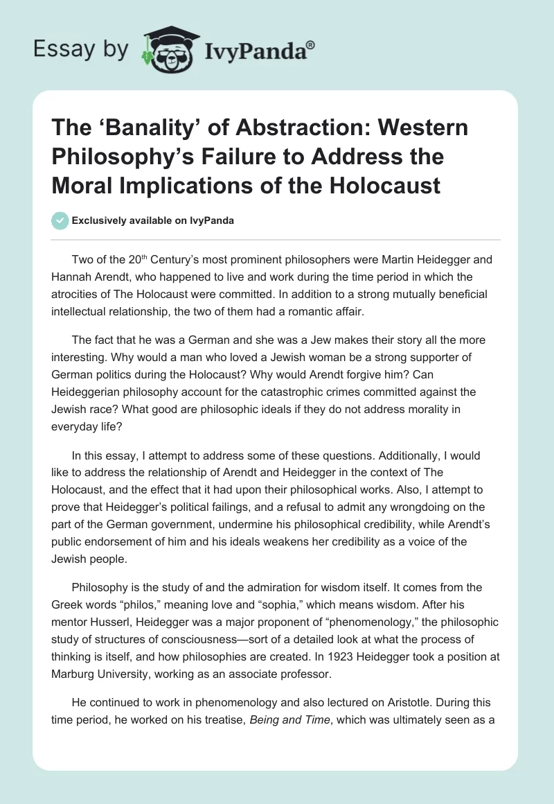 The ‘Banality’ of Abstraction: Western Philosophy’s Failure to Address the Moral Implications of the Holocaust. Page 1