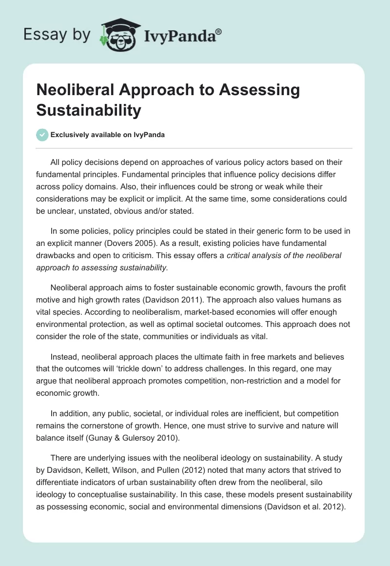 Neoliberal Approach to Assessing Sustainability. Page 1