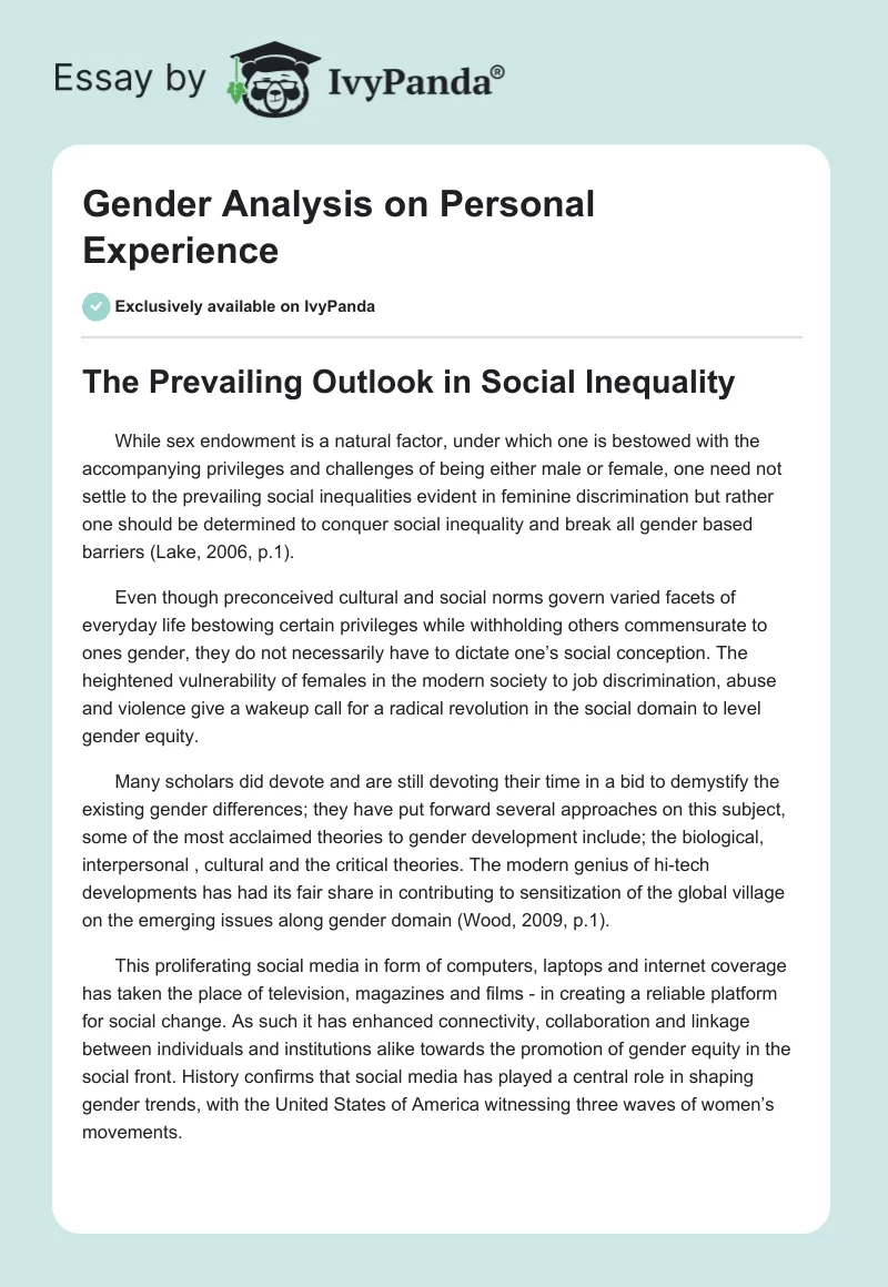 Gender Analysis on Personal Experience. Page 1