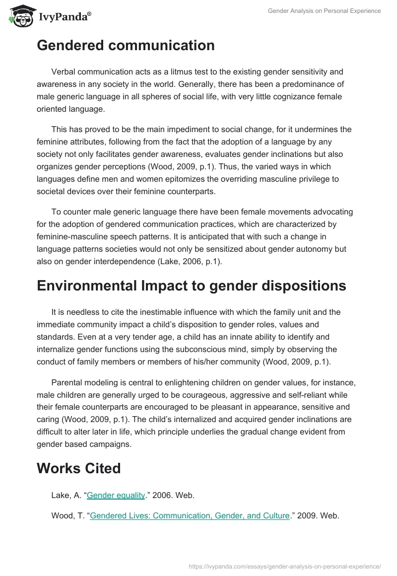 Gender Analysis on Personal Experience. Page 2