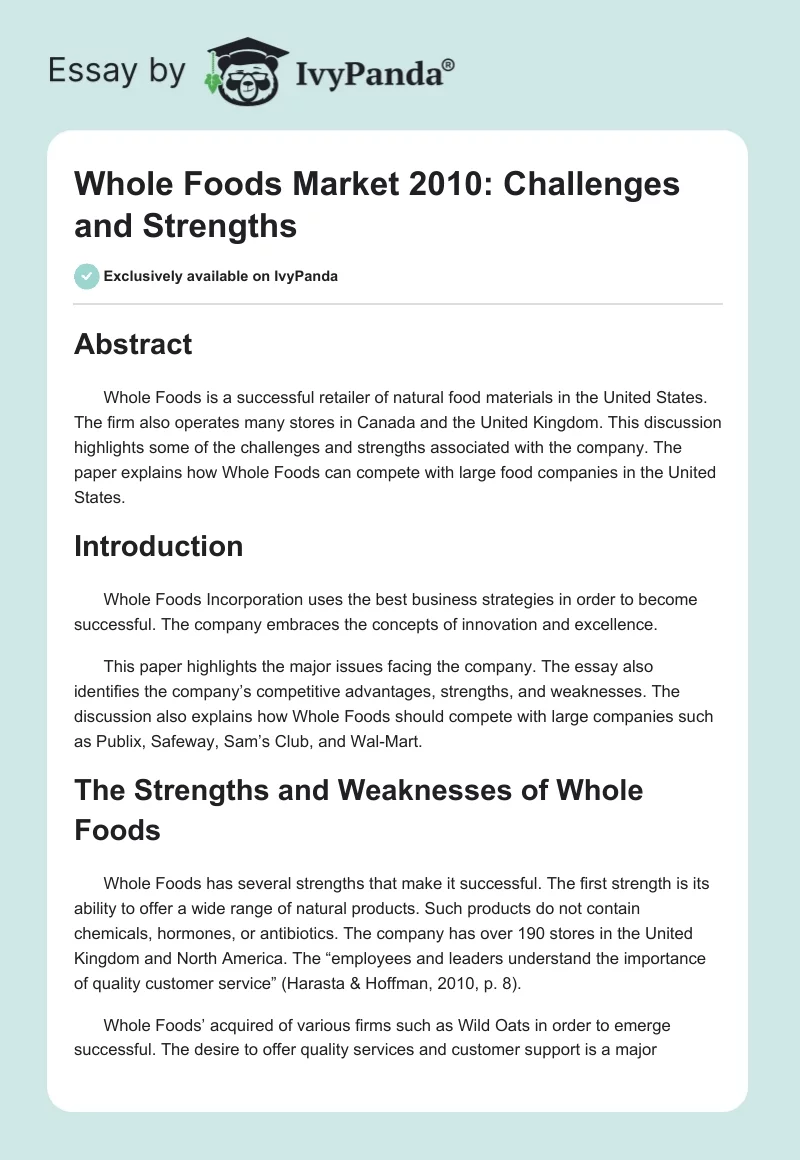 Whole Foods Market 2010: Challenges and Strengths. Page 1