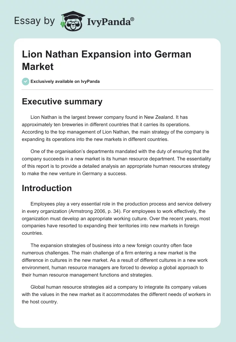 Lion Nathan Expansion into German Market. Page 1