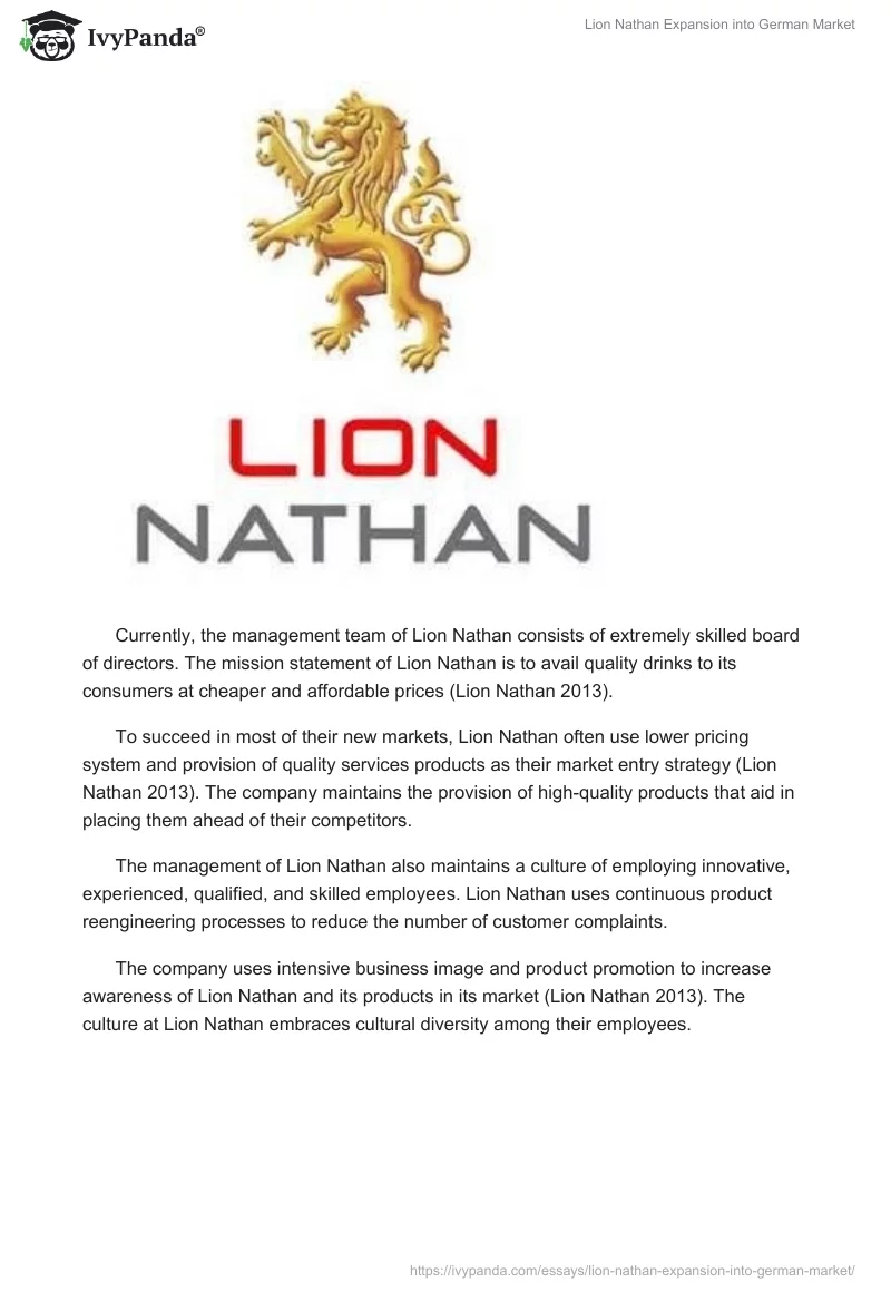 Lion Nathan Expansion into German Market. Page 3