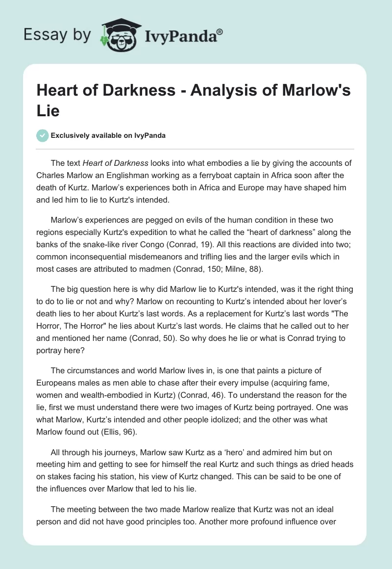 Heart of Darkness - Analysis of Marlow's Lie. Page 1
