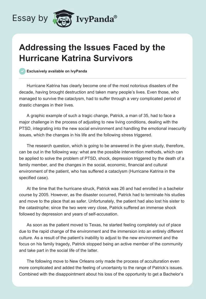 Addressing the Issues Faced by the Hurricane Katrina Survivors. Page 1