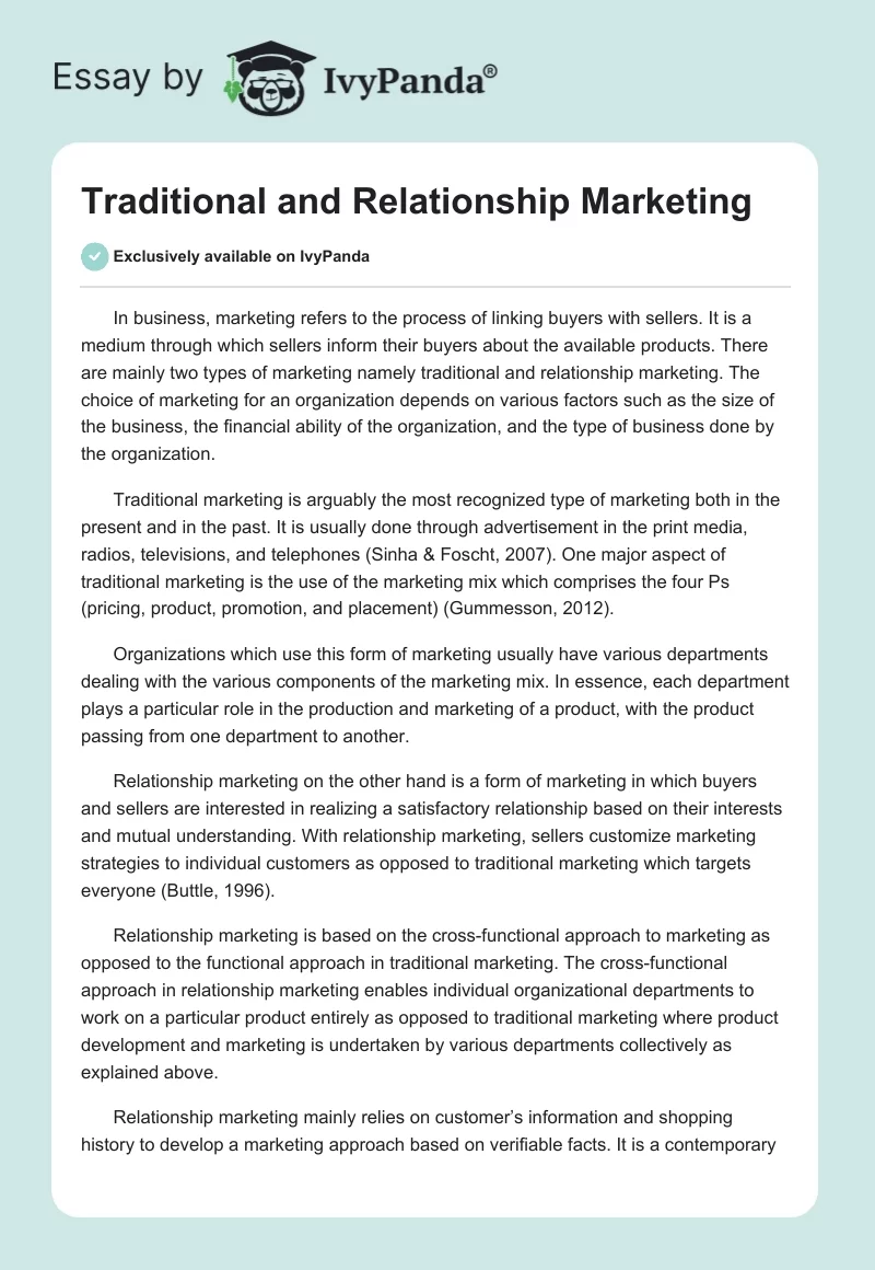 Traditional and Relationship Marketing. Page 1