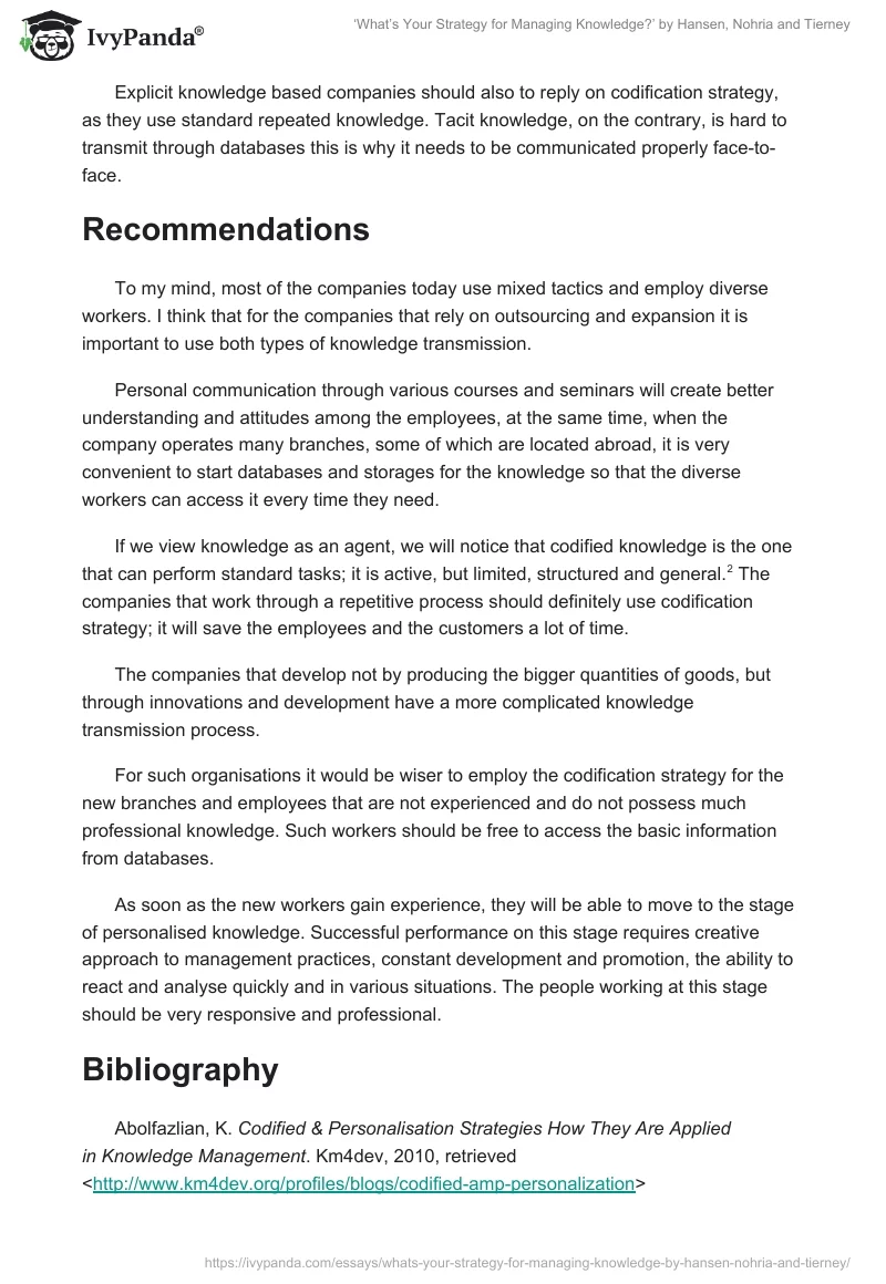 ‘What’s Your Strategy for Managing Knowledge?’ by Hansen, Nohria and Tierney. Page 2