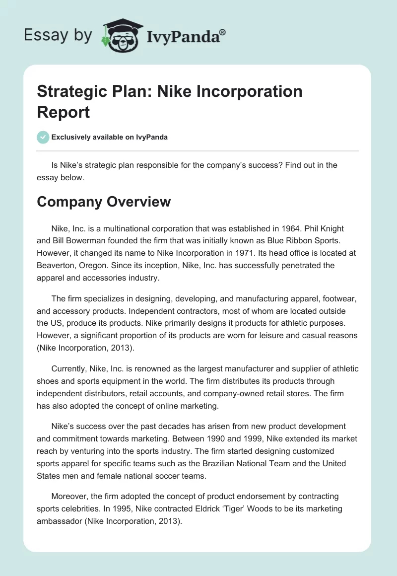 Strategic Plan: Nike Incorporation Report. Page 1