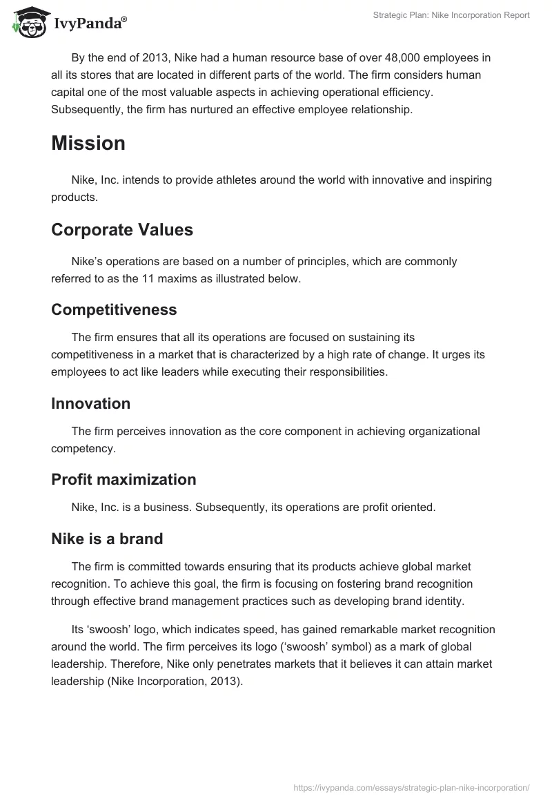 Strategic Plan: Nike Incorporation Report. Page 2