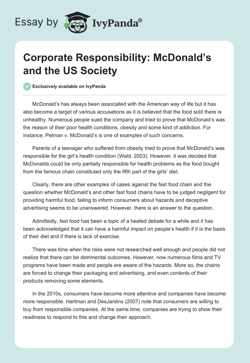 Corporate Responsibility: McDonald’s and the US Society. Page 1