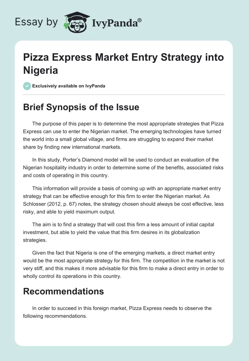 Pizza Express Market Entry Strategy into Nigeria. Page 1