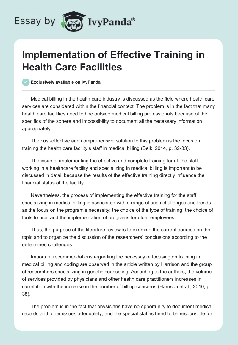 Implementation of Effective Training in Health Care Facilities. Page 1