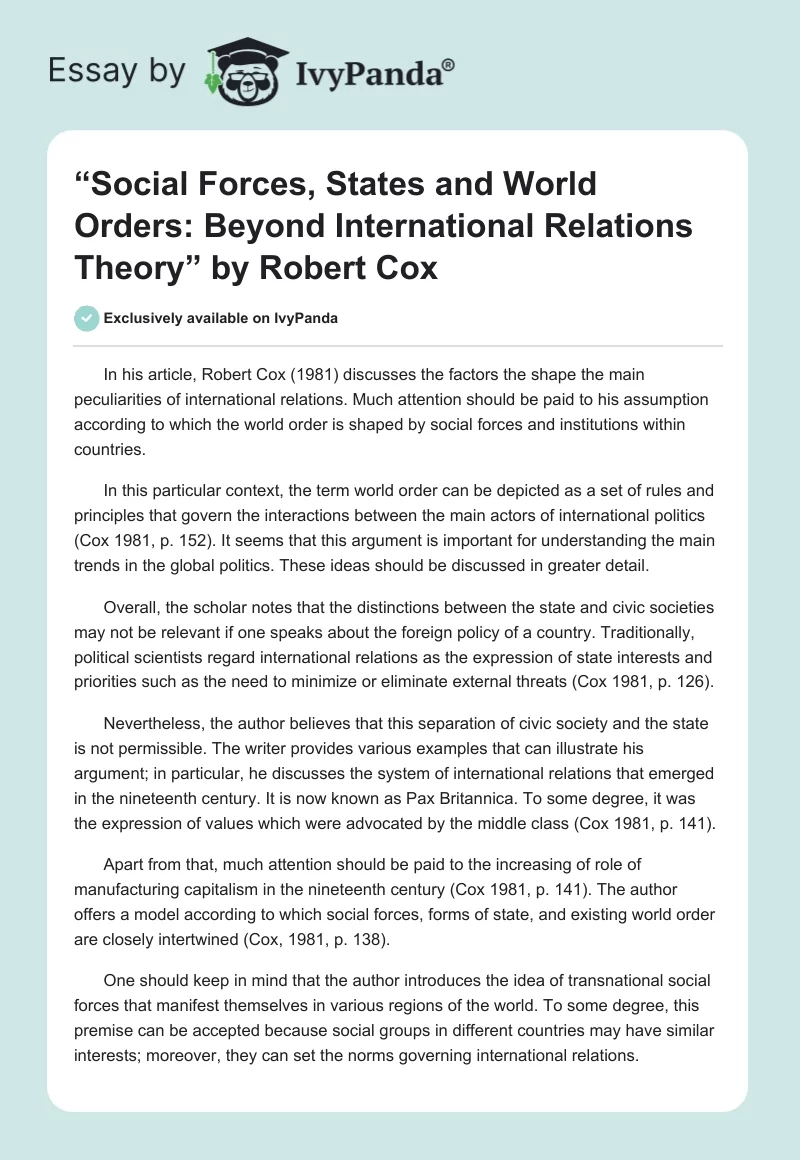 “Social Forces, States and World Orders: Beyond International Relations Theory” by Robert Cox. Page 1