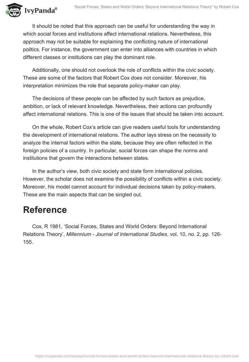 “Social Forces, States and World Orders: Beyond International Relations Theory” by Robert Cox. Page 2