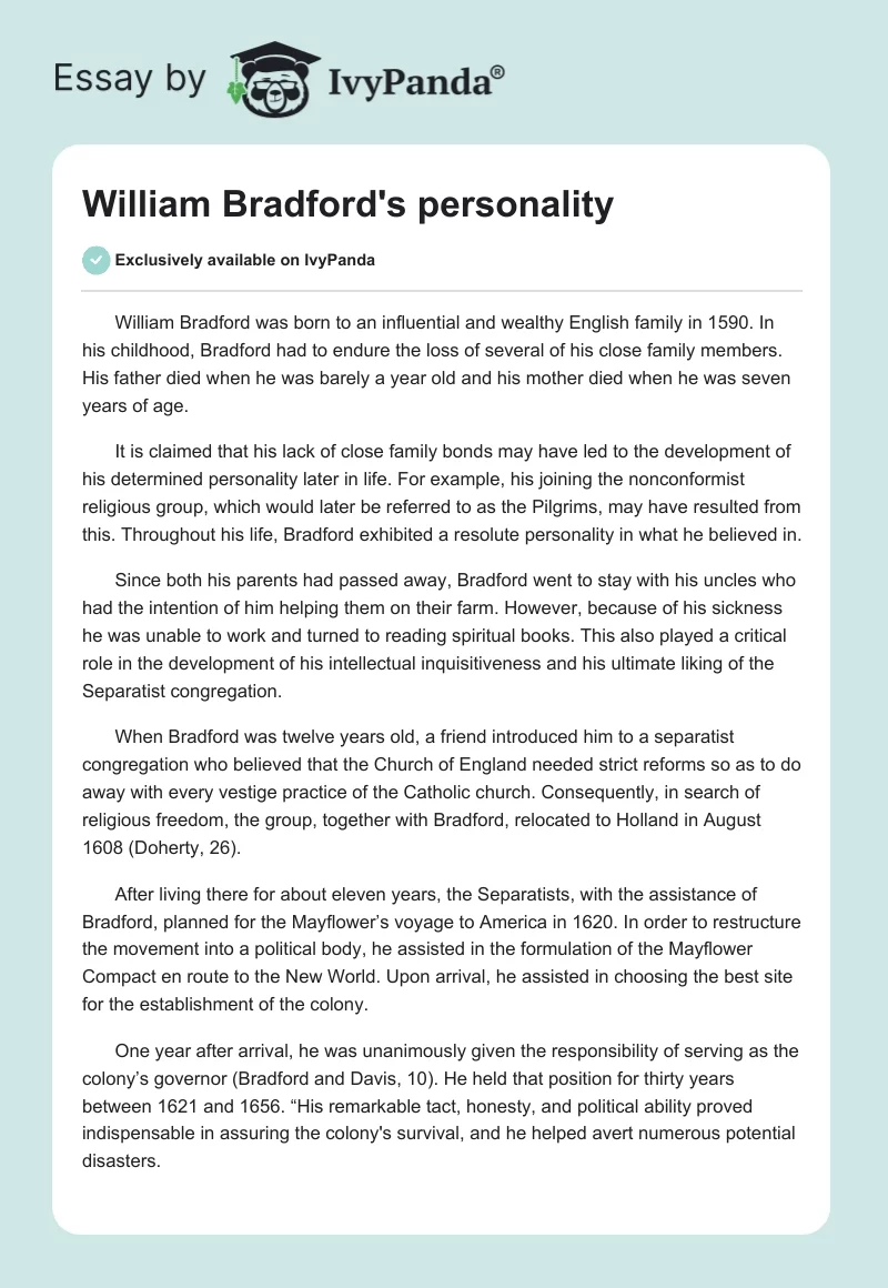William Bradford's personality. Page 1