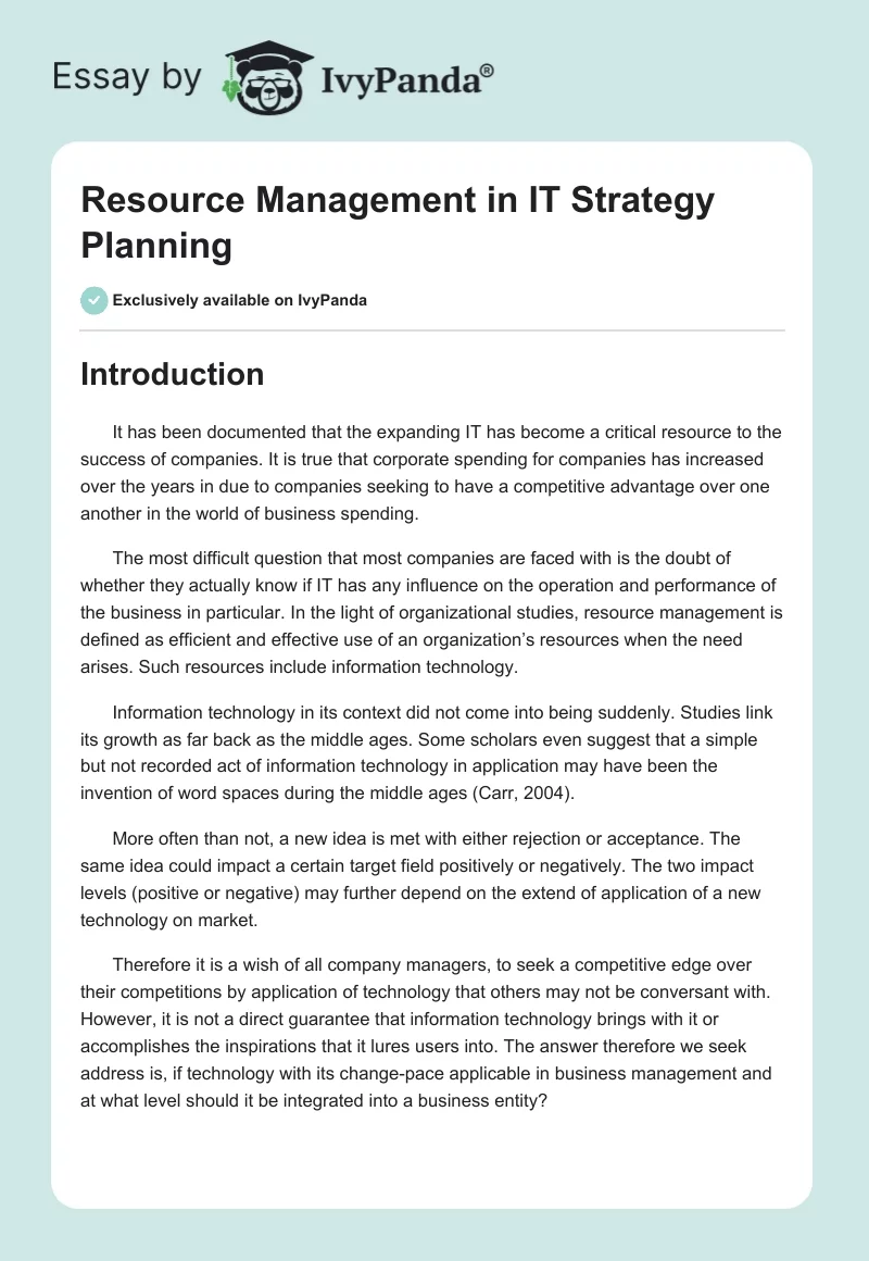 Resource Management in IT Strategy Planning. Page 1