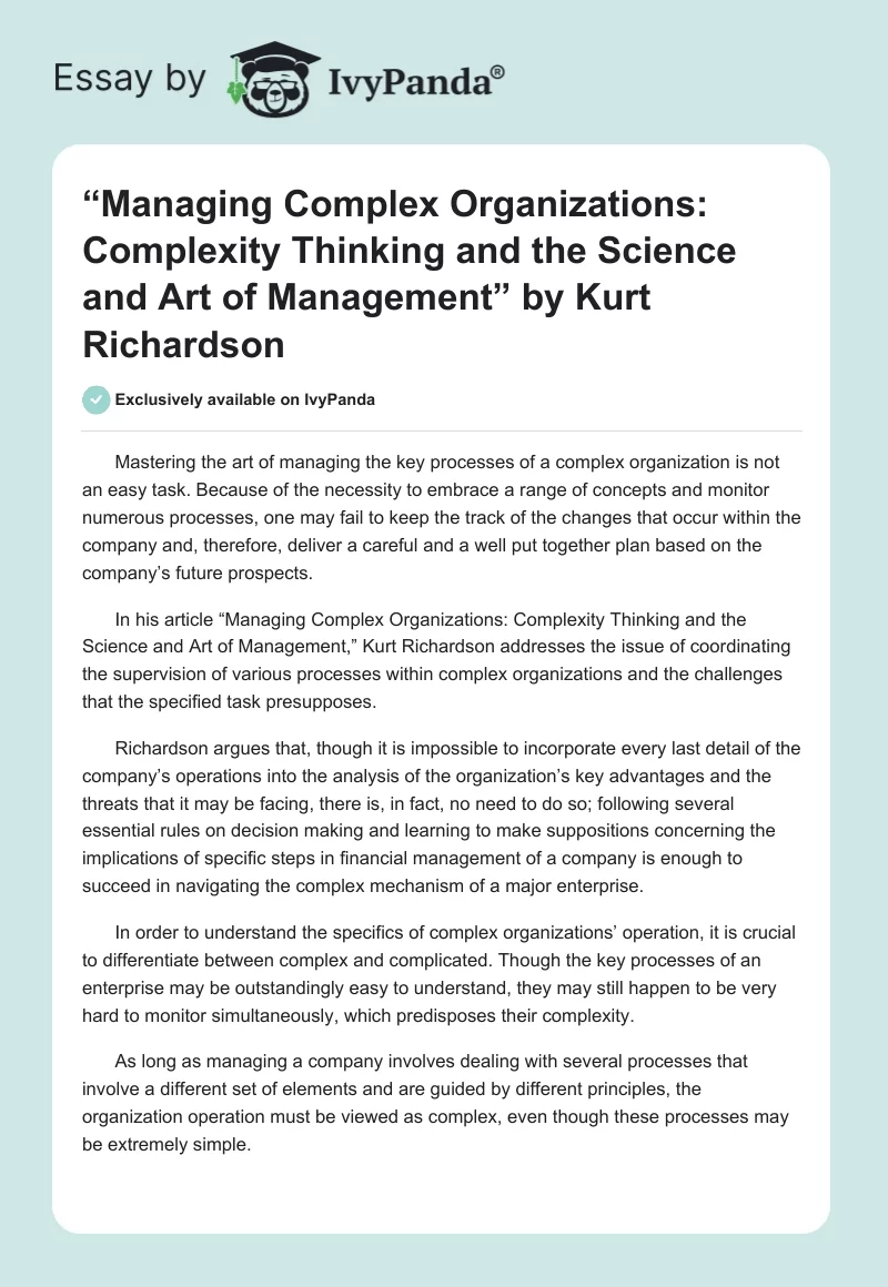 “Managing Complex Organizations: Complexity Thinking and the Science and Art of Management” by Kurt Richardson. Page 1