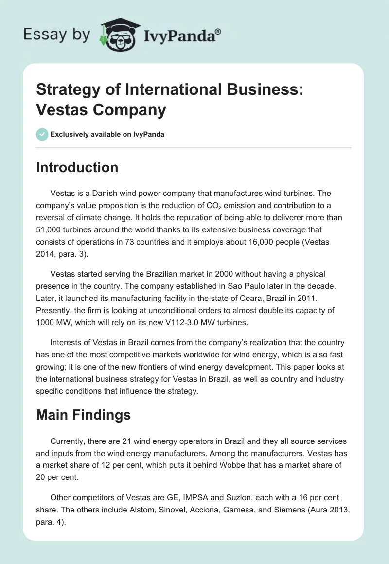 Strategy of International Business: Vestas Company. Page 1