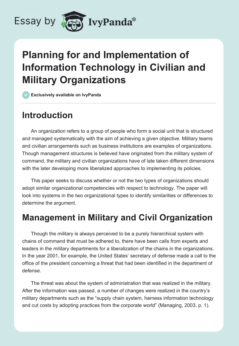 Planning for and Implementation of Information Technology in Civilian and Military Organizations. Page 1